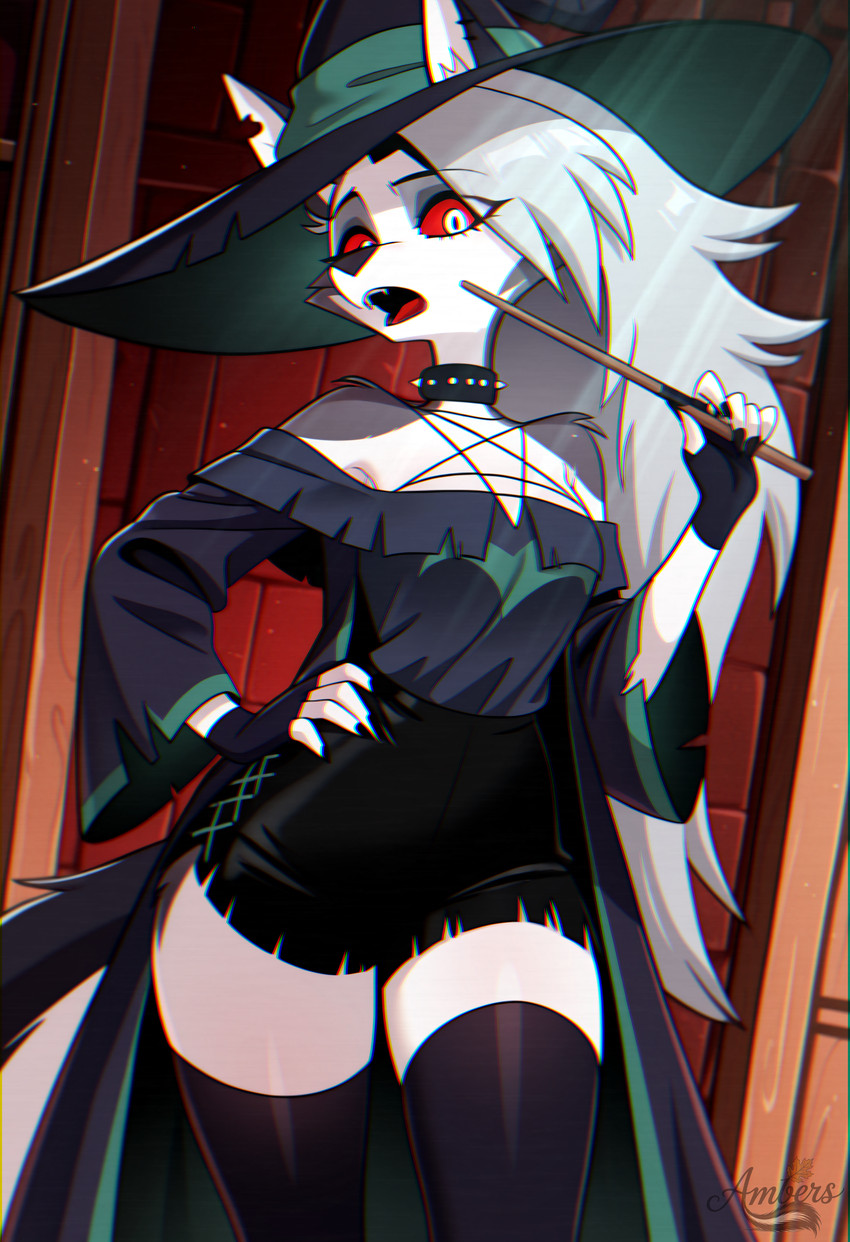anthro breasts claws clothing collar confused_expression detailed_background eye_through_hair fangs female finger_claws fingerless_gloves gloves hair hair_over_eye handwear legwear long_hair long_tail lupine magic_user occult_symbol one_eye_obstructed pentagram red_sclera robe sleeves small_breasts solo speech_bubble spiked_collar spikes symbol teeth thigh_highs tongue translucent translucent_hair wand white_eyes white_hair wide_hips witch witch_costume witchcraft ambers_ai halloween_2025 helluva_boss loona_(helluva_boss) canid canid_demon canine demon hellhound mammal absurd_res hi_res signature