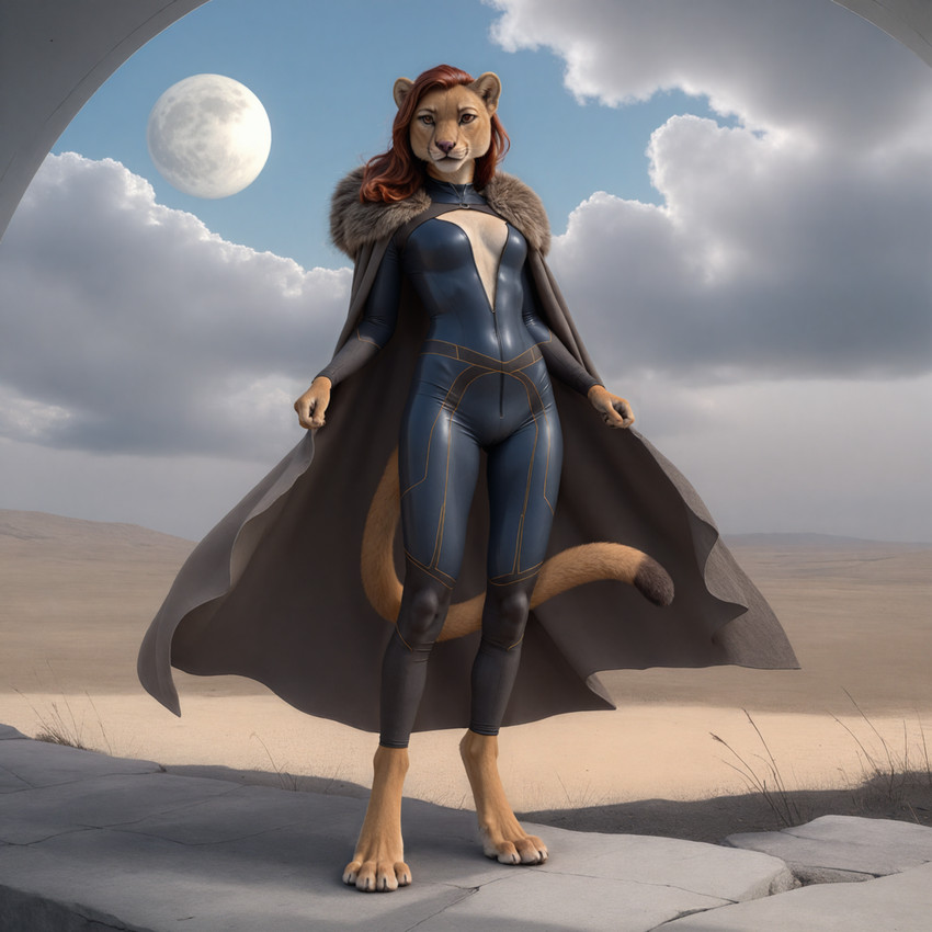 4_toes 5_fingers anthro barefoot biped blue_clothing bodysuit breasts brown_hair cape cleavage_cutout cloak clothed clothing cloud desert detailed_background digitigrade dipstick_tail feet female fingers fur hair looking_at_viewer markings moon outside paws red_hair skinsuit sky solo standing superhero superhero_costume tail tail_markings tan_body tan_fur tight_clothing toes crashbandit tankcat_(crashbandit) cougar felid feline lion mammal pantherine 3d_(artwork) comfyui_(software) detailed digital_media_(artwork) nai-diffusion-furry-3_(model) prompt_metainfo willysnoobrealism_(model)