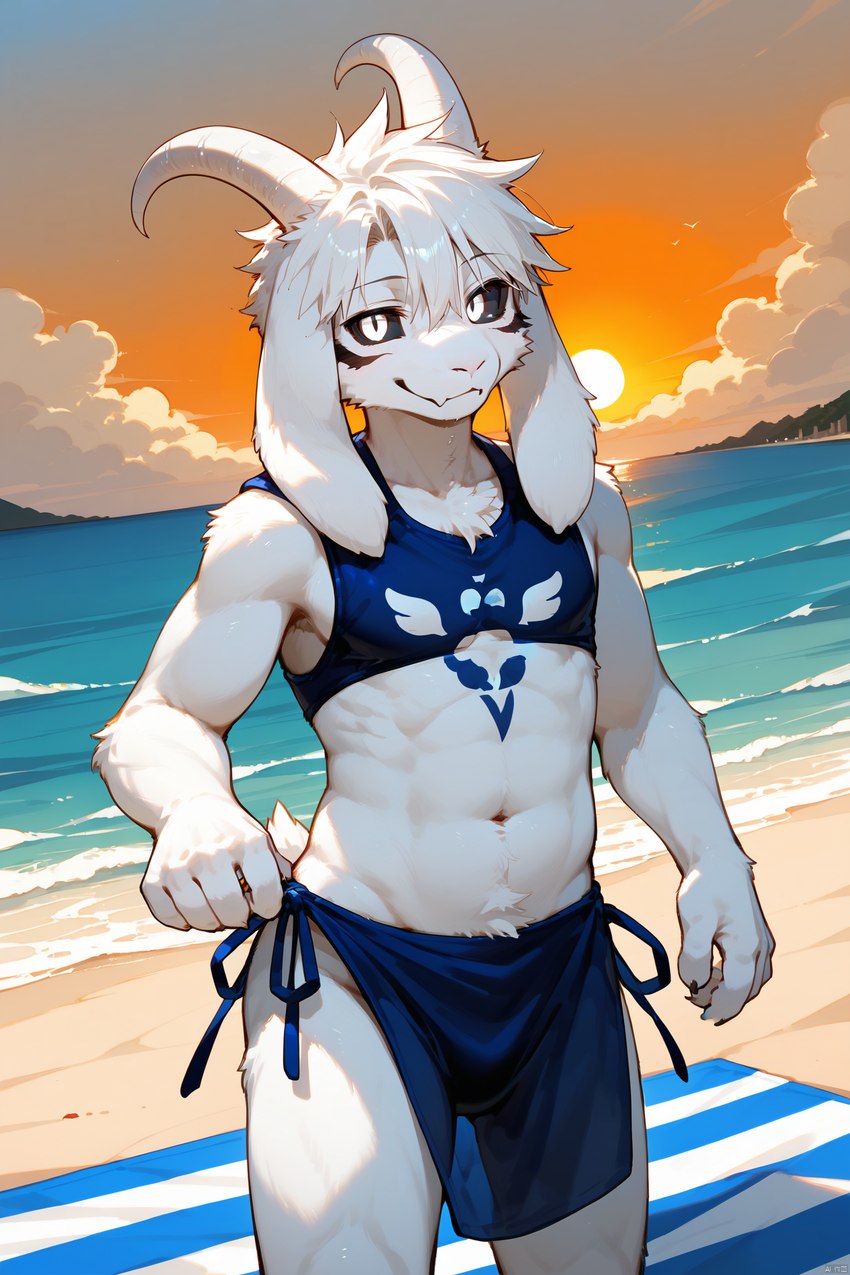 beach bottomwear clothed clothing cloud crossdressing loincloth looking_at_viewer male seaside solo sun topwear asriellover undertale_(series) asriel_dreemurr asriel_dreemurr_(god_form) bovid caprine goat mammal hi_res