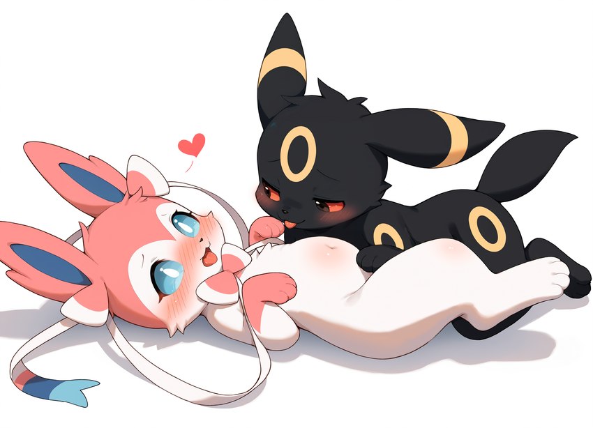 <3 black_body black_fur black_pupils blue_sclera blush duo female feral fur happy lying male male/female markings multicolored_body multicolored_fur on_back on_front pink_body pink_fur pupils red_sclera side_view simple_background smile tongue tongue_out white_background white_body white_fur white_pupils yellow_markings tapochek eeveelution generation_2_pokemon generation_6_pokemon pokemon_(species) sylveon umbreon hi_res