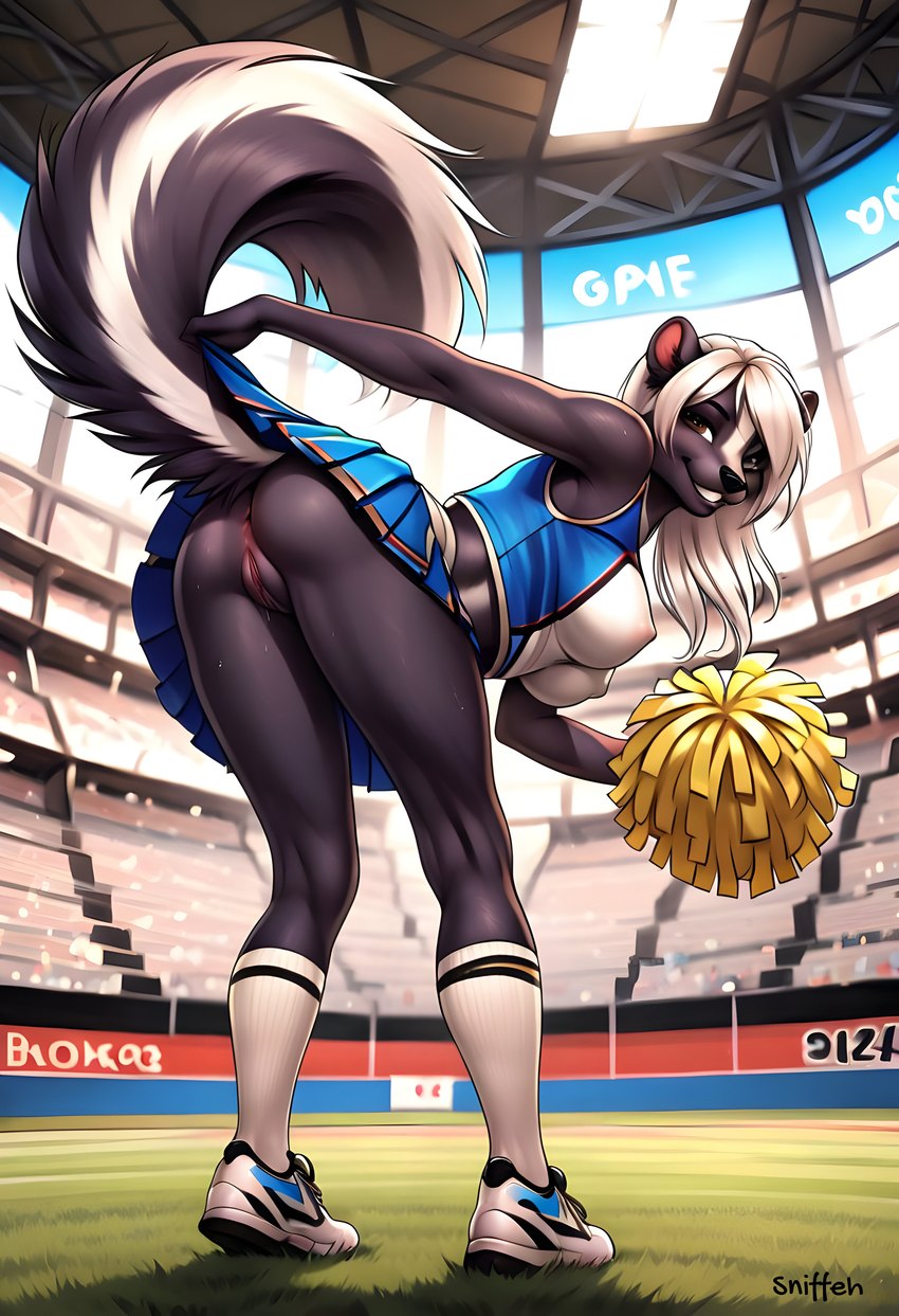 anthro anus athletic athletic_anthro black_and_white_fur brown_eyes butt cheerleader cheerleader_outfit clothed clothing clothing_lift erect_nipples female football_field footwear from from_behind_position fur genitals hair long_hair looking_at_viewer looking_back nipples no_underwear pom_poms presenting presenting_hindquarters pussy raised_tail sex shoes smile smiling_at_viewer sneakers socks solo striped_body striped_fur stripes white_hair sniffeh mammal mephitid skunk absurd_res hi_res