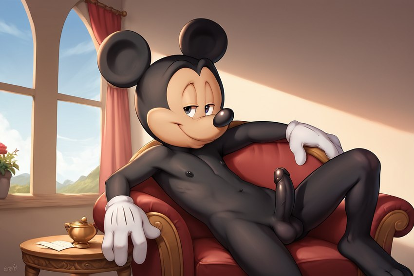 anthro armchair black_body cartoon_character chair clothing disney erection furniture genitals gloves handwear humanoid_genitalia humanoid_penis looking_at_viewer male nude penis sitting smile solo cartoonlover mickey_mouse mammal mouse murid murine rodent