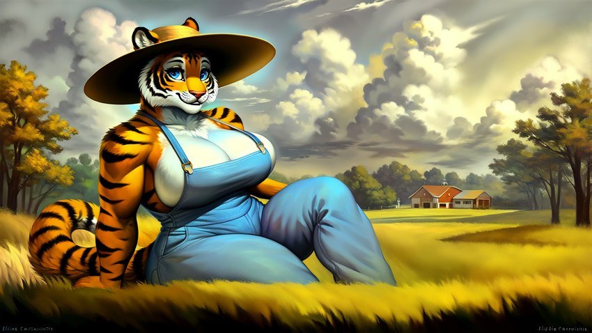 abs animal_ears animal_nose anthro athletic athletic_anthro athletic_female big_breasts blue_clothing blue_eyes breasts clothed clothing cloud curvaceous curvy_figure farm farm_girl female female_anthro field field_background fur large_breasts looking_at_viewer orange_body orange_fur overalls overalls_only seductive skimpy smile solo stable_diffusion striped_body stripes sun_hat tail voluptuous themasterswordmaster felid feline mammal pantherine tiger 2023 attempted_signature hi_res painting_(artwork) prompt_metainfo tagme traditional_media_(artwork)