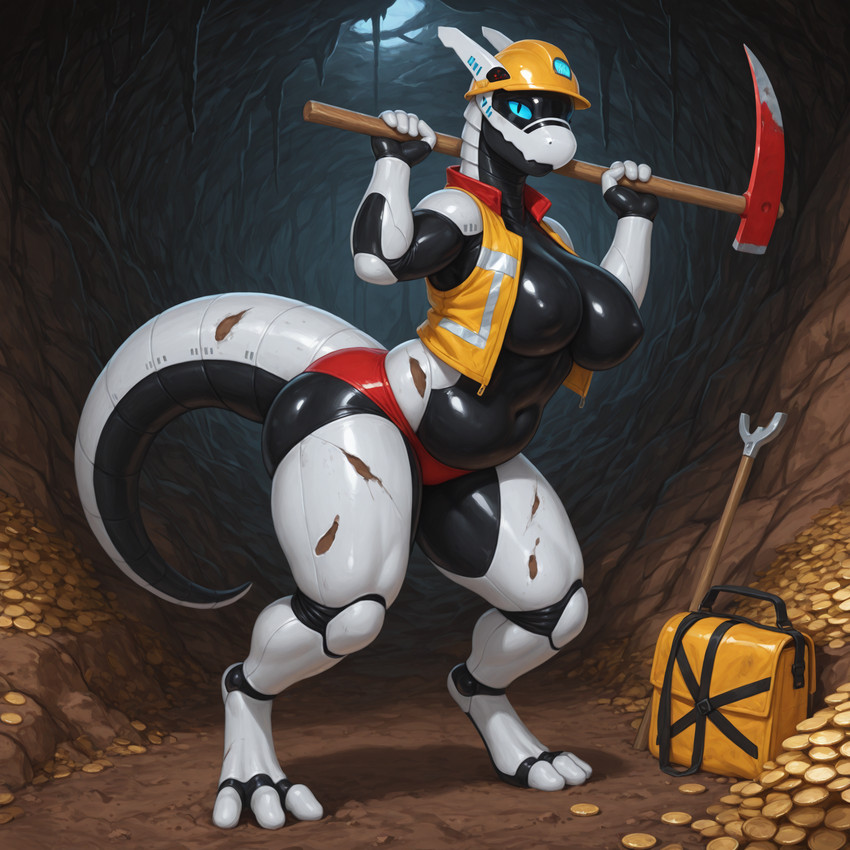 4_fingers anthro black_body blue_eyes breasts cave clothing female fingers hardhat holding_object looking_at_viewer machine mechanical_joints navel non-mammal_breasts solo standing tail tools topwear vest white_body zoc robot synth_(vader-san) hi_res