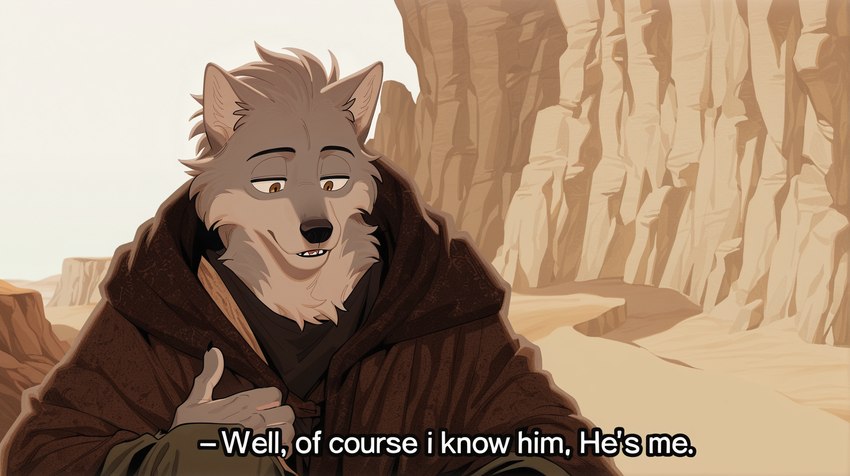 alternate_species black_nose brown_eyes cloak clothed clothing desert detailed_background dialogue fingers fur grey_body grey_fur humor male outside poncho smile solo teeth text tuft anonymous_director obi-wan_kenobi canid canine canis mammal wolf english_text hi_res meme