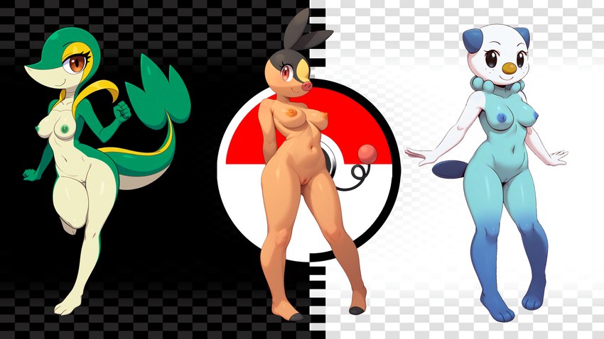 anthro breasts female female/female genitals group medium_breasts nude pussy smile trio gobabsnow nintendo pokemon generation_5_pokemon oshawott pokemon_(species) snivy tepig invalid_tag absurd_res hi_res