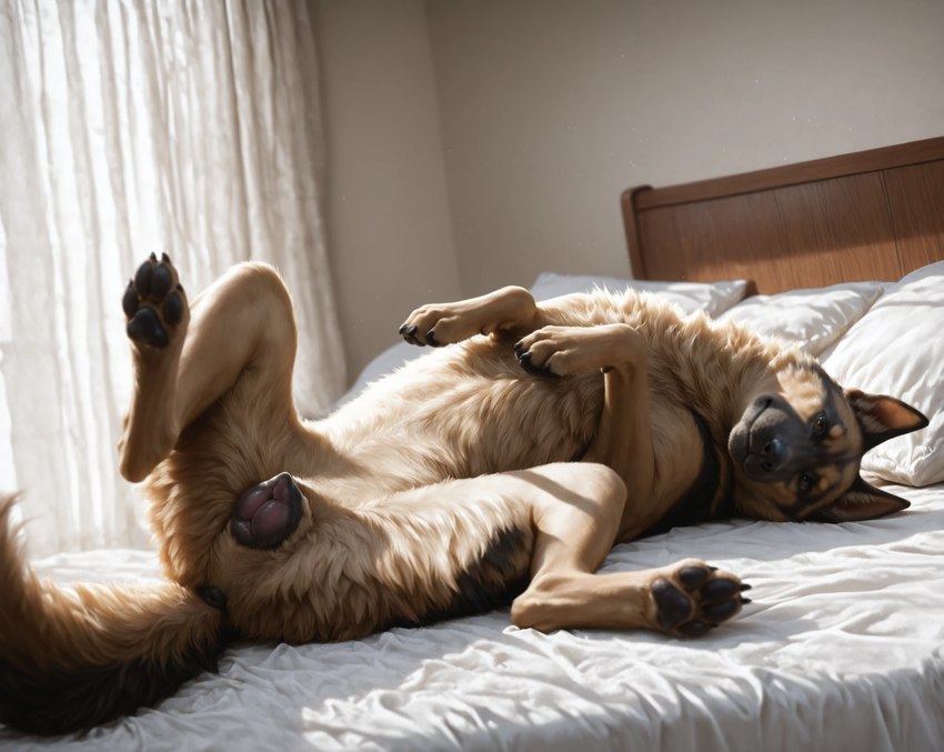 anatomically_correct anatomically_correct_genitalia anatomically_correct_pussy animal_genitalia animal_pussy anus bed big_pussy canine_genitalia canine_pussy claws female feral furniture genitals hindpaw inside looking_at_viewer low-angle_view lying on_back on_bed pawpads paws photorealism photorealistic pussy solo spread_legs spreading director_yiffy canid canine canis domestic_dog german_shepherd herding_dog mammal pastoral_dog hi_res