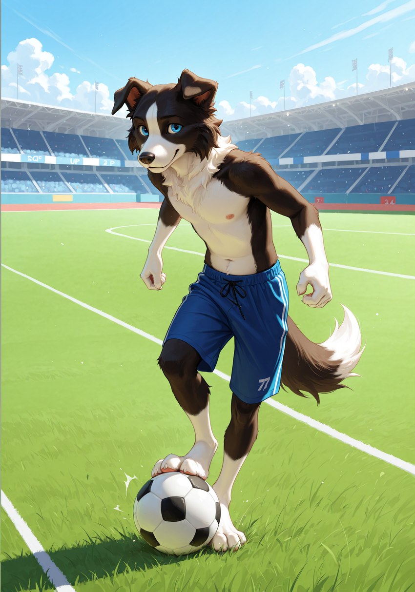 anthro ball belly looking_at_viewer male playing shirtless soccer_ball solo solo_focus sport sportswear zoleth finley border_collie canid canine canis collie domestic_dog herding_dog mammal pastoral_dog sheepdog absurd_res hi_res