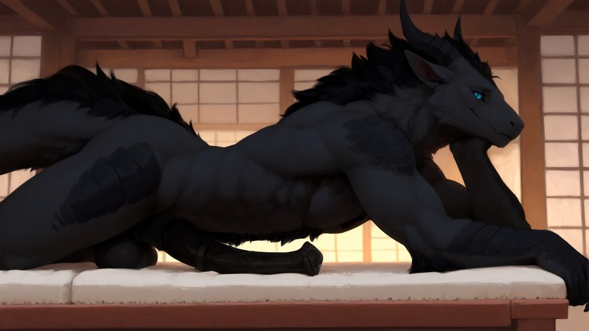 abs all_fours animal_genitalia animal_penis anthro arm_support balls big_balls big_penis biped black_balls black_body black_fur black_hair black_penis black_scales black_sheath blue_eyes blue_sclera casual_nudity detailed_background dojo equine_genitalia equine_penis erection flared_penis fur furniture genitals hair horn inside long_penis looking_at_viewer lying male mane medial_ring muscular muscular_anthro muscular_male mythology nude nude_male on_front pecs penis scales side_view smile solo tail tuft anotheranon tharak_(anotheranon) dragon furred_dragon furred_scalie mythological_creature mythological_scalie scalie absurd_res hi_res widescreen
