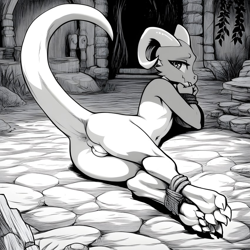 anthro anus bdsm bondage bound butt cute_expression female flat_chested genitals horn looking_at_viewer looking_back lying navel nude paws pussy raised_tail rear_view restraints rope rope_bondage ruins scales slim solo vitiligo_(director) kobold scalie absurd_res hi_res