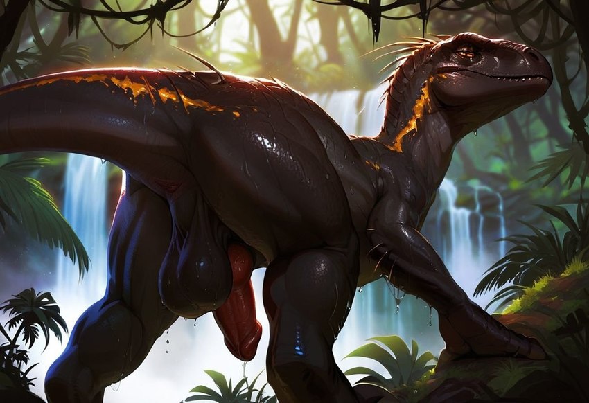 2024 anus balls black_balls black_body black_scales bodily_fluids feral genital_fluids genitals knot looking_at_viewer male outside penis pink_knot pink_penis precum saggy_balls scales solo waterfall jasonafex jurassic_park jurassic_world dinosaur indoraptor reptile scalie colored