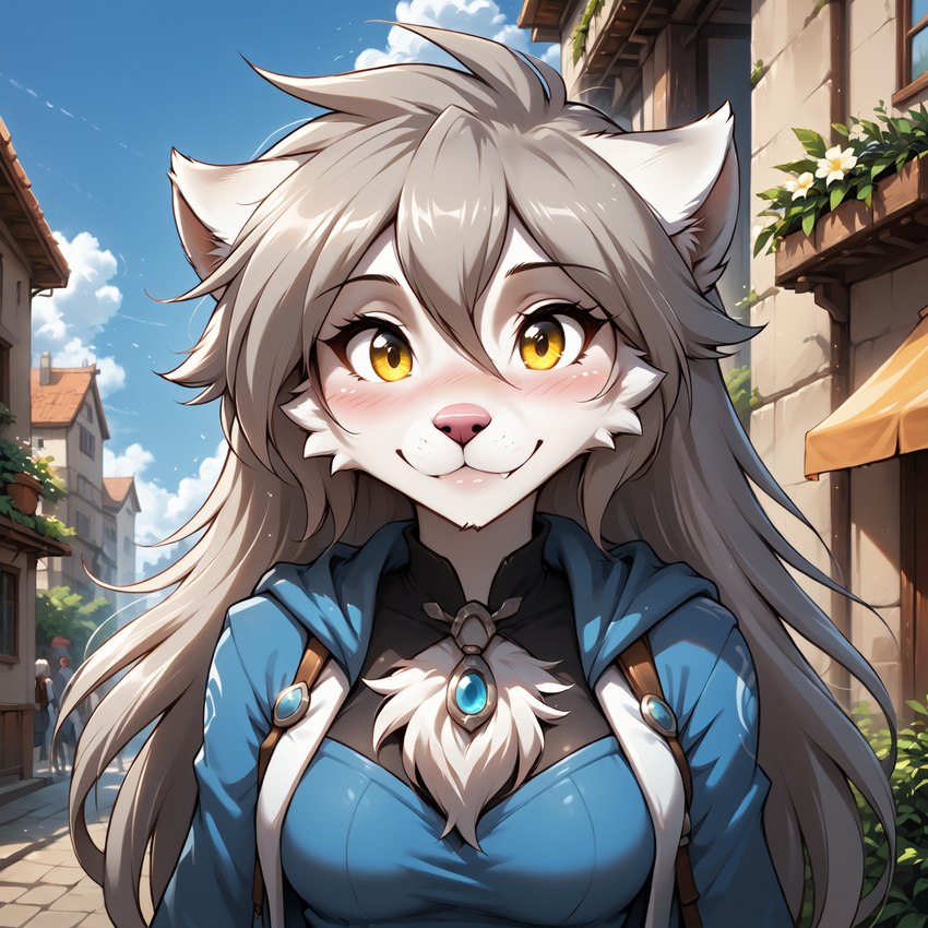 anthro blush clothing cute_eyes cute_fangs female fur hair long_hair looking_at_viewer smile solo white_body white_fur yellow_eyes nenvul twokinds raine_silverlock canid canine canis keidran mammal wolf hi_res