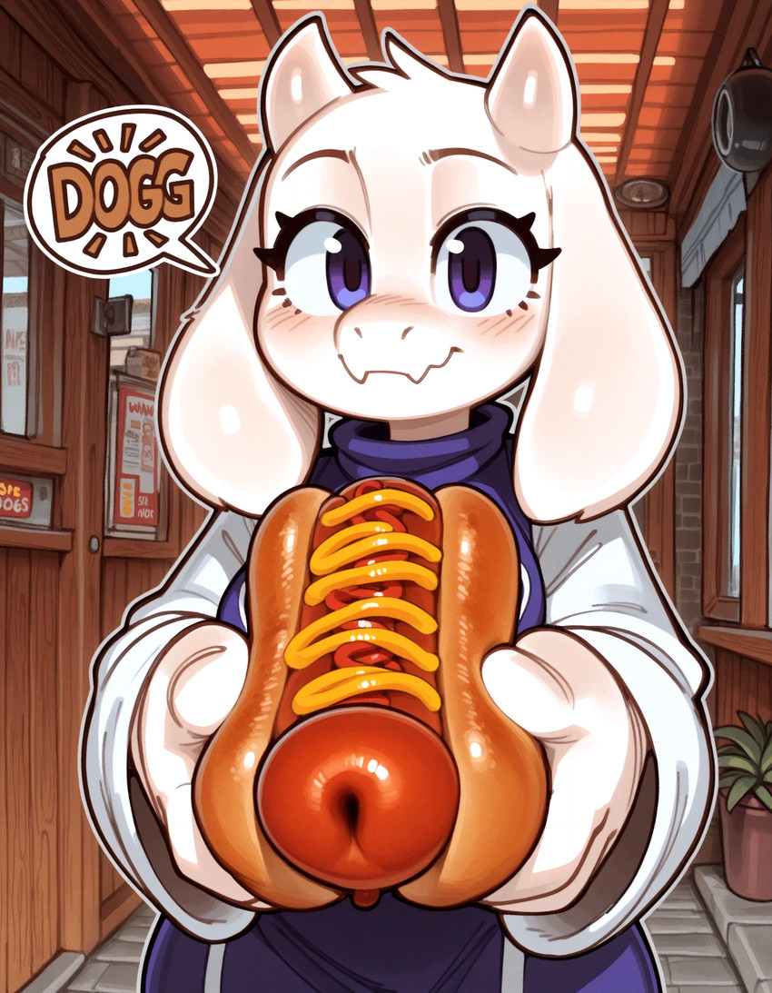 anthro blue_eyes blush clothing detailed_background female floppy_ears food fur horn hot_dog plant robe smile smiling_at_viewer solo speech_bubble text white_body white_fur anonymous_director undertale_(series) toriel bovid caprine mammal english_text hi_res