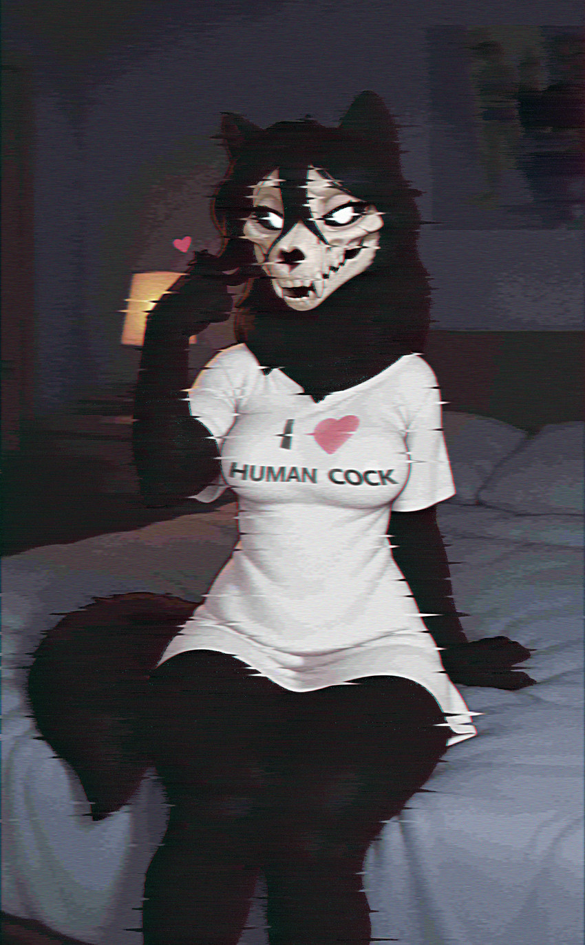 <3 anthro bed bed_sheet bedding bedroom bedroom_eyes big_breasts black_body black_fur black_hair black_sclera blurred_background bone bottomless breasts chromatic_aberration clothed clothing curvy_figure door drawers eyelashes fangs female fur furniture glitch hair hair_between_eyes human_fetish inside lamp legs_together long_eyelashes long_hair looking_at_viewer narrowed_eyes nightstand on_bed pillow poster print_clothing seductive sharp_teeth shirt sitting sitting_on_bed skull skull_head solo tail teeth text text_on_clothing text_on_shirt text_on_topwear thick_eyelashes thick_thighs topwear touching_hair twirling_hair white_clothing white_eyes white_shirt white_topwear wide_hips wolf_ears wolf_tail joe420 scp_foundation scp-1471-a canid canine canis mammal monster wolf 2026 absurd_res alternate_version_at_source english_text hi_res portrait prompt prompt_metainfo three-quarter_portrait
