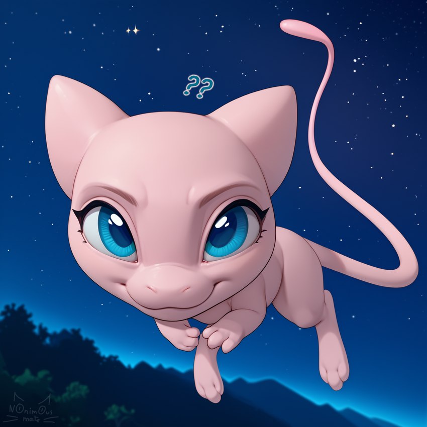 ambiguous_gender anthro blue_eyes cat_smile close-up detailed_eyes flying looking_at_viewer night_sky pink_body question_mark solo nonimousmate legendary_pokemon mew pokemon_(species) hi_res