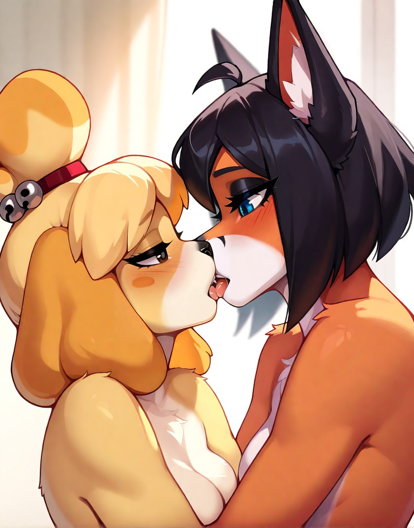 ahoge anthro bell big_ears black_ears black_hair black_nose blue_eyes blush blush_lines bodily_fluids breasts brown_eyes chest_tuft duo embrace eye_contact female female/female french_kissing fur goth hair hug inner_ear_fluff kissing looking_at_another looking_at_partner markings orange_body orange_fur saliva saliva_on_tongue simple_background tongue tuft white_body white_fur white_inner_ear_fluff yellow_body yellow_fur kekened996 isabelle_(animal_crossing) keke_(kekened996) canid canine canis domestic_dog fox mammal absurd_res hi_res