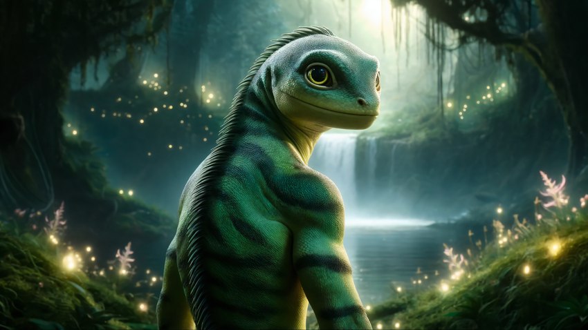 ambiguous_gender anthro dall-e_3 green_body green_scales looking_at_viewer looking_back looking_back_at_viewer nature rear_view scales solo swamp yellow_eyes floofymoff lizard reptile scalie 16:9 4k absurd_res hi_res wallpaper widescreen