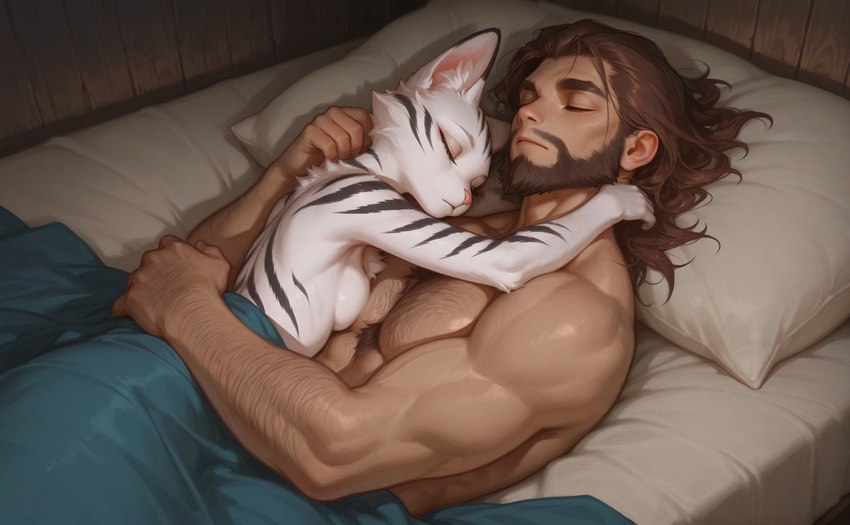 anthro arm_hair beard bed bedding blanket body_hair breasts chest_hair duo eyes_closed facial_hair female furniture hair hugging inside long_hair male male/female muscular muscular_male on_bed pillow side_boob sleeping sleeping_on_partner sleeping_together striped_body stripes under_blanket tamrad felid feline human mammal hi_res