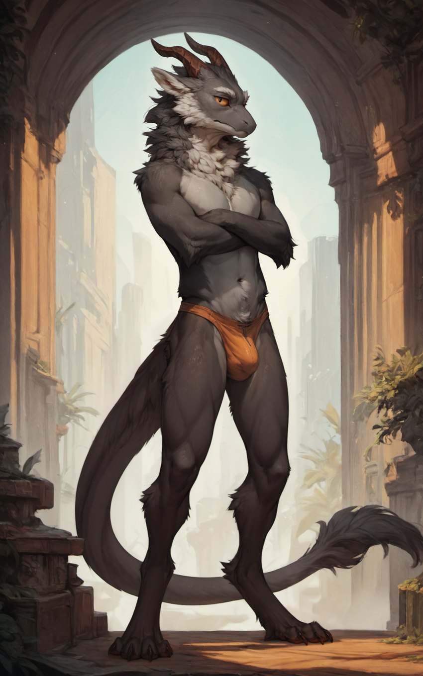 4_toes anthro arms_crossed briefs brown_horn bulge chin_tuft clothing digitigrade eyebrows facial_tuft feet fluffy fur grey_body grey_fur hair horn long_tail looking_at_viewer male messy_fur messy_hair multicolored_body multicolored_fur neck_tuft orange_sclera simple_background solo standing tail_tuft thick_eyebrows thick_tail toes tuft two_tone_body two_tone_fur underwear underwear_bulge oldhroft kyro_(oldhroft) dragon furred_dragon full-length_portrait hi_res portrait