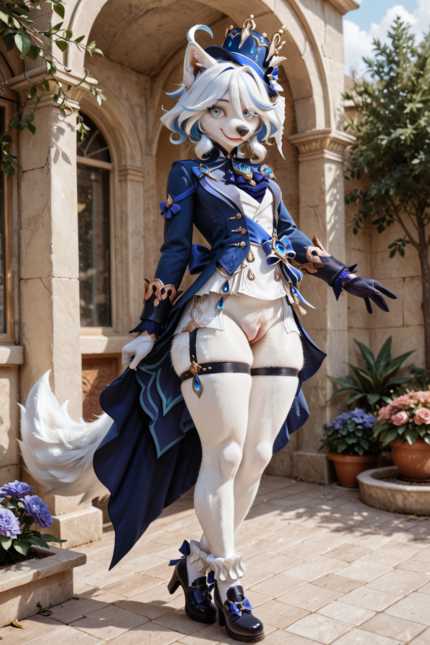 anthro boots bottomless clothed clothing dress female footwear genitals looking_at_viewer outside pussy solo standing denis0k genshin_impact arctic_fox canid canine fox mammal hi_res