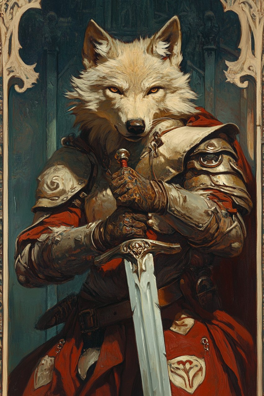 ambiguous_gender anthro armor belt black_nose cape clothing detailed_background fur gauntlets gloves handwear melee_weapon ornate_clothing pauldron solo solo_focus sword tan_body tan_fur weapon yellow_eyes bahufaru canid canine canis mammal wolf hi_res portrait