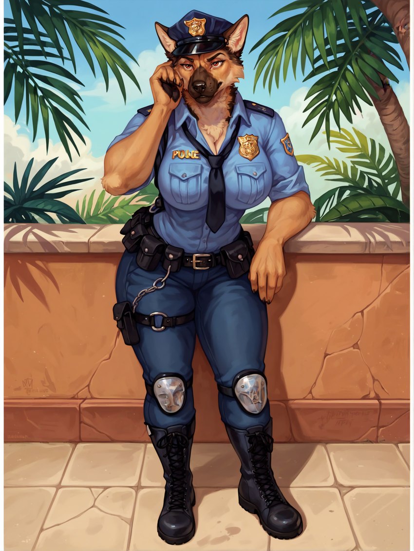 anthro badge belt big_breasts boots bottomwear breasts brown_body brown_fur clothed clothing cloud day facial_tuft female fingers footwear frown fully_clothed fur hat headgear headwear inner_ear_fluff knee_pads looking_at_viewer outside palm_tree pants plant police police_hat police_officer police_uniform shirt sky solo standing thick_thighs topwear tree tuft uniform anonymous_director officer_bella_(u.d) canid canine canis domestic_dog german_shepherd herding_dog mammal pastoral_dog hi_res