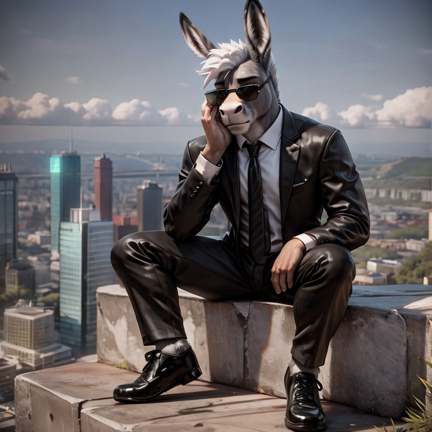 5_fingers anthro biped black_bottomwear black_clothing black_footwear black_necktie black_pants black_shoes black_suit black_topwear blue_sky blurred_background bottomwear building business_suit city cityscape clothed clothing cloud day detailed_background eyewear fingers footwear front_view fully_clothed fur glasses grey_body grey_fur hair jacket looking_at_viewer male necktie outside pants photo_background photography plant shirt shoes sitting sky skyscraper snout solo suit sunglasses topwear tuft white_body white_clothing white_fur white_hair white_shirt white_topwear asscas_(director) jack_asscas_(asscas) asinus donkey equid equine mammal 3d_(artwork) detailed digital_media_(artwork)