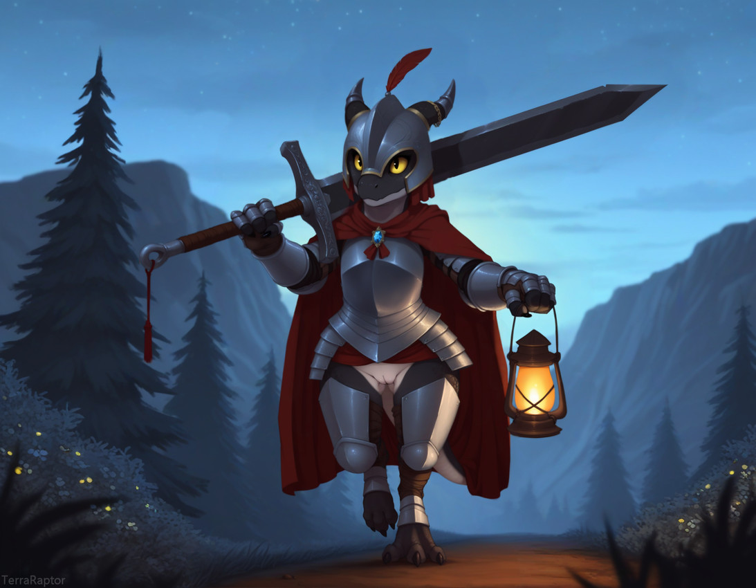 3_toes 4_fingers accessory anthro armor cape claws clothed clothing confident digitigrade evergreen_tree exposed fantasy feet female fingers front_view furgonomic gauntlets gem genitals gloves handwear headgear helmet holding_object holding_weapon horn horn_accessory lamp lantern medieval melee_weapon morning mountain no_underwear outside pine_tree plant plate_armor pussy road sky solo star starry_sky sword toe_claws toes tree unconvincing_armor walking weapon yellow_eyes terraraptor kobold scalie director_name hi_res
