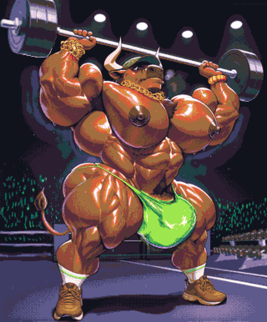 anthro armpit_hair big_muscles bodily_fluids body_hair bulge chest_hair clothing exercise footwear gold_(metal) gold_jewelry gym huge_muscles hyper hyper_muscles jewelry male muscular shoes solo sweat sweaty_body thong underwear weightlifting workout plump_peach_(director) bovid bovine cattle mammal digital_media_(artwork) pixel_(artwork)