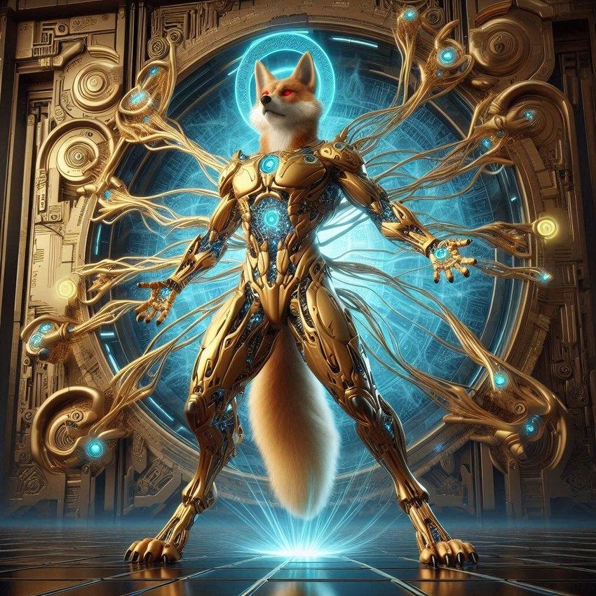 anthro bing_image_creator celestial_body cybernetic_limb cybernetics dall-e_3 detailed_background evolution_(transformation) glowing glowing_eyes gold_(metal) halo machine male photorealistic red_eyes science_fiction solo t-pose transformation goldanthrowolf trigem canid canine canis cyborg luphra'nite mammal wolf