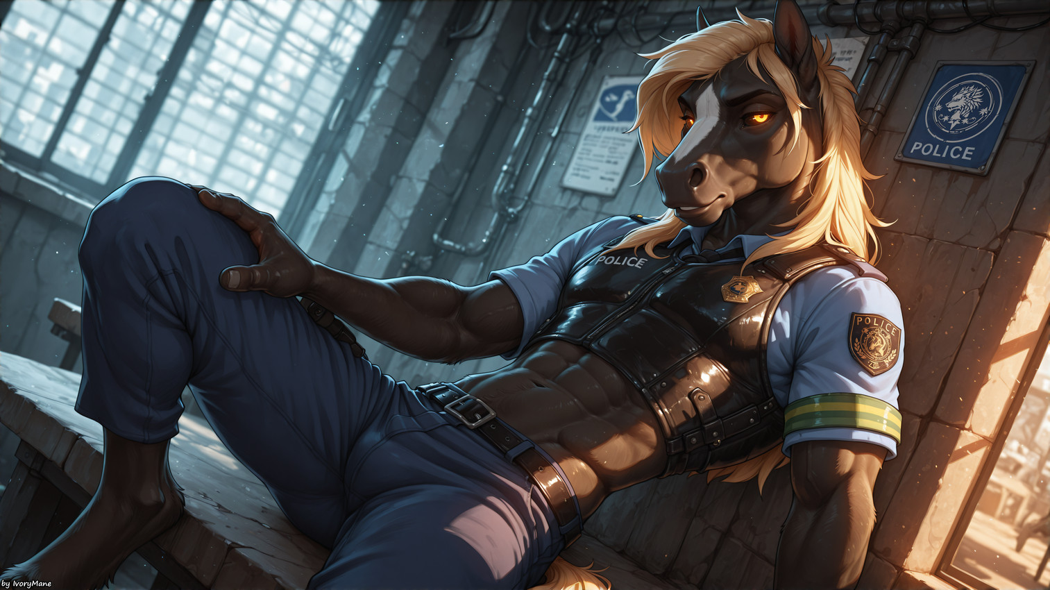 abs anthro athletic clothing dutch_angle hair long_hair male muscular muscular_male police police_badge police_officer police_uniform solo uniform ivorymane equid equine horse mammal absurd_res hi_res wallpaper watermark