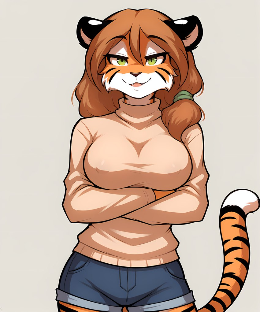 anthro arm_under_breasts black_stripes bottomwear breasts brown_hair clothed clothing countershading crossed_arms cutoffs denim denim_clothing eyebrows eyelashes fangs female fur green_eyes hair looking_at_viewer multicolored_body open_mouth orange_body orange_fur shorts simple_background smile solo standing striped_body striped_fur stripes sweater topwear turtleneck white_body white_fur anontk twokinds flora's_mom_(twokinds) felid mammal pantherine tiger hi_res portrait three-quarter_portrait