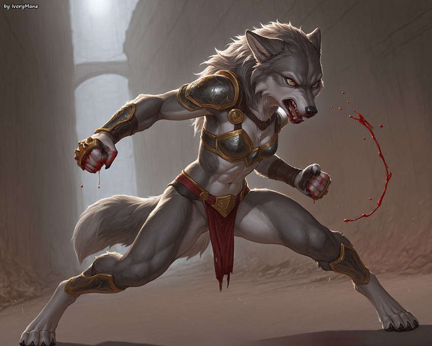 abs action_pose angry anthro armor athletic blood blood_on_hand bodily_fluids breasts female fighting_pose pose small_breasts solo weapon ivorymane canid canine canis mammal wolf watermark