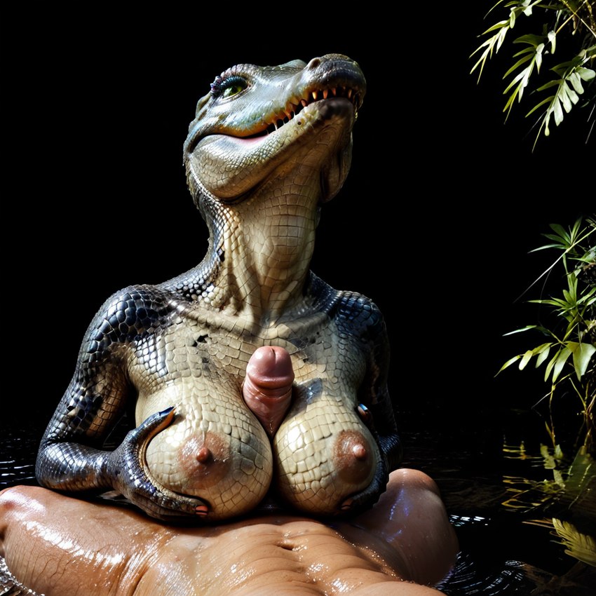 anthro big_breasts breast_play breasts dark_background duo female genitals green_body green_scales human_on_anthro humanoid_genitalia humanoid_penis interspecies male male/female nipples penis plant realistic scales sex titfuck water director_unholycow crocodilian human mammal reptile scalie detailed