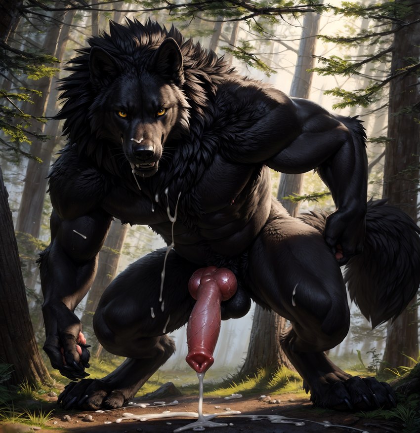 abs animal_genitalia animal_penis anthro balls bedroom_eyes big_balls big_penis black_body black_fur bodily_fluids canine_genitalia canine_penis chest_tuft cum cum_on_ground dripping erection forest fur genital_fluids genitals hair knot looking_at_viewer male male/male muscular muscular_anthro muscular_male narrowed_eyes neck_tuft nipples nude outside penile penis plant presenting saliva seductive solo spreading tree tuft vein veiny_penis artist:wolfchime big_bad_wolf canid canine canis mammal were werecanid werecanine werewolf wolf hi_res