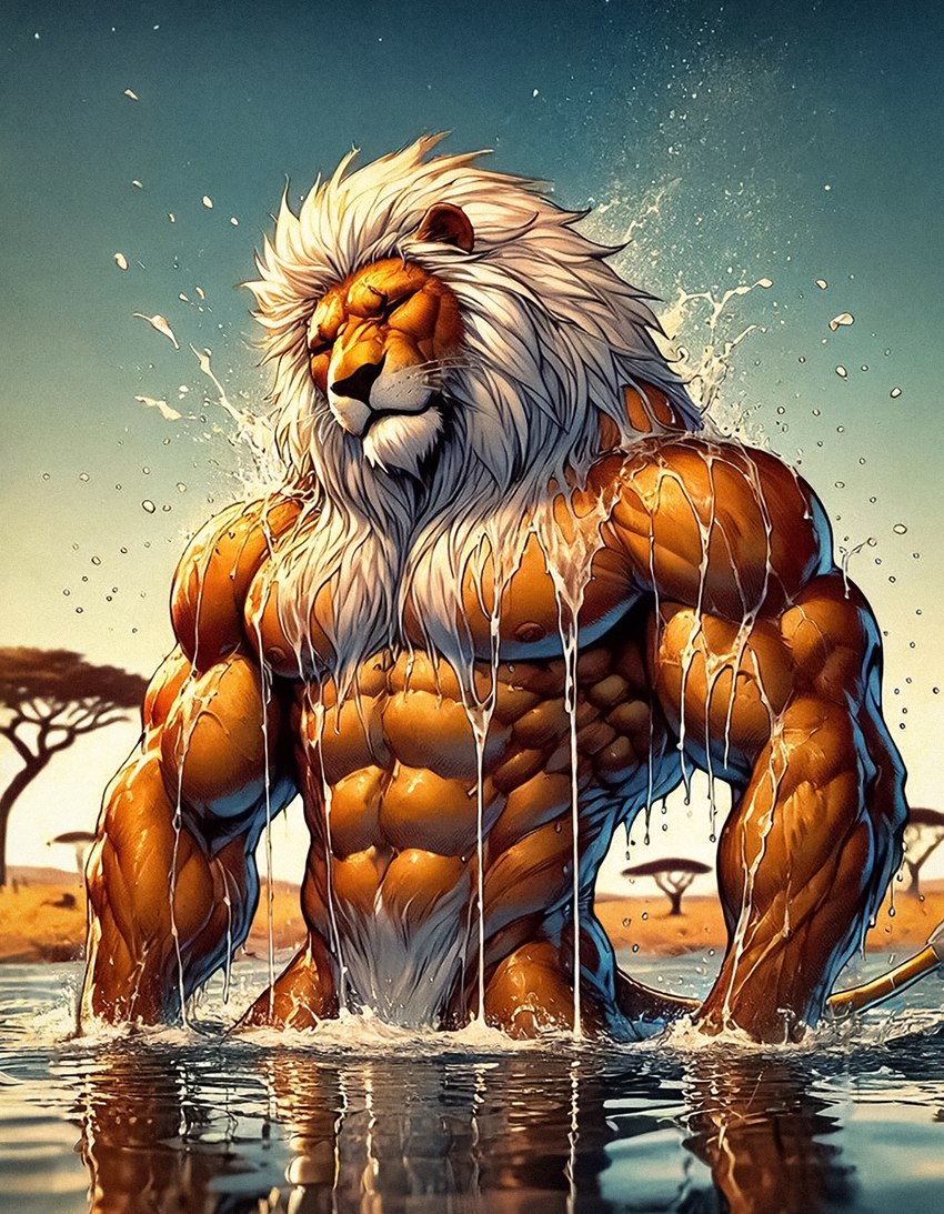 abs acacia_tree anthro biceps big_abs big_biceps big_deltoids big_forearm_muscles big_muscles big_pecs big_trapezius big_triceps biped black_nose broad_shoulders dall-e_3 day deltoids detailed_background dripping eyes_closed forearm_muscles front_view fur glistening glistening_body glistening_fur hair lake light light_body light_fur light_hair light_mane male mane manly mature_anthro mature_male multicolored_body multicolored_fur muscular muscular_anthro muscular_arms muscular_male nipples nude nude_anthro nude_male obliques orange_body orange_fur outside partially_submerged pecs plant pose pubes reflection round_ears savanna seductive serratus snout solo splash standing standing_in_water tail_tuft thick_neck thin_tail trapezius tree triceps tuft two_tone_body two_tone_fur water water_reflection wet wet_body wet_fur wet_hair wet_mane white_body white_fur white_hair white_mane white_pubes white_tuft yellow_body yellow_fur zenithwolf felid lion mammal pantherine 7:9 digital_drawing_(artwork) digital_media_(artwork) half-length_portrait hi_res lighting portrait shaded warm_colors