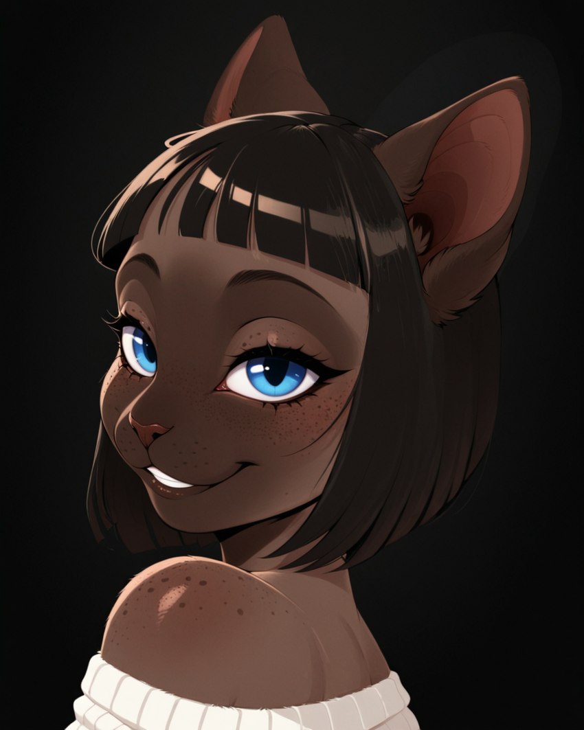 anthro black_background black_hair blue_eyes brown_body brown_fur brown_hair clothed clothing eyebrows eyelashes female freckles fur hair looking_at_viewer looking_back looking_back_at_viewer short_hair simple_background smile solo teeth topwear domestic_cat felid feline felis mammal bust_portrait digital_media_(artwork) headshot_portrait hi_res portrait shaded