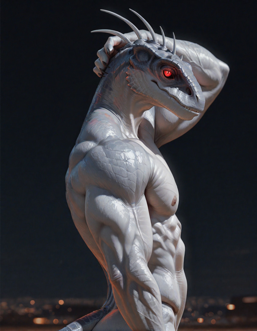 abs anthro athletic biceps glowing glowing_eyes hand_behind_head male muscular pecs red_eyes side_view solo white_body white_skin draka alien lizard reptile scalie hi_res portrait
