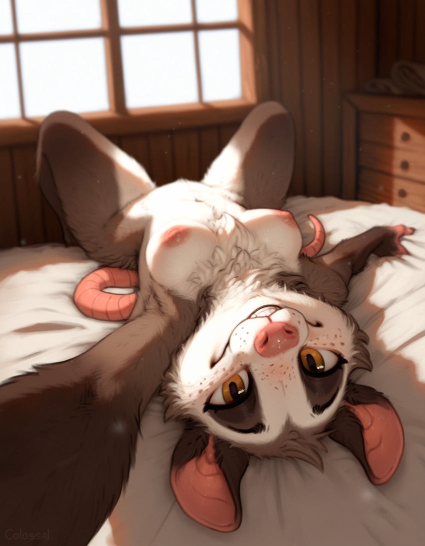 anthro areola bed bedroom breasts casual_nudity chest_tuft detailed_background eyelashes facial_tuft female freckled_face freckles fur furniture grey_body grey_fur grin inside light looking_at_viewer lying multicolored_body multicolored_fur navel neck_tuft nipples nude on_back on_bed orange_eyes pink_areola pink_nipples pink_nose seductive selfie smile smiling_at_viewer solo spread_legs spreading sunlight tail teeth tuft upside_down white_body white_fur window window_light yellow_eyes colossal_exhoost_fume american_opossum didelphid mammal marsupial virginia_opossum hi_res lighting shaded
