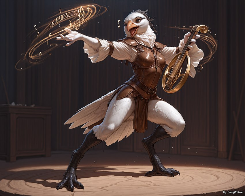 action_pose anthro armor avian_feet bard beak clothing female leather leather_clothing magic magic_user musical_instrument musical_note pose solo ivorymane avian watermark