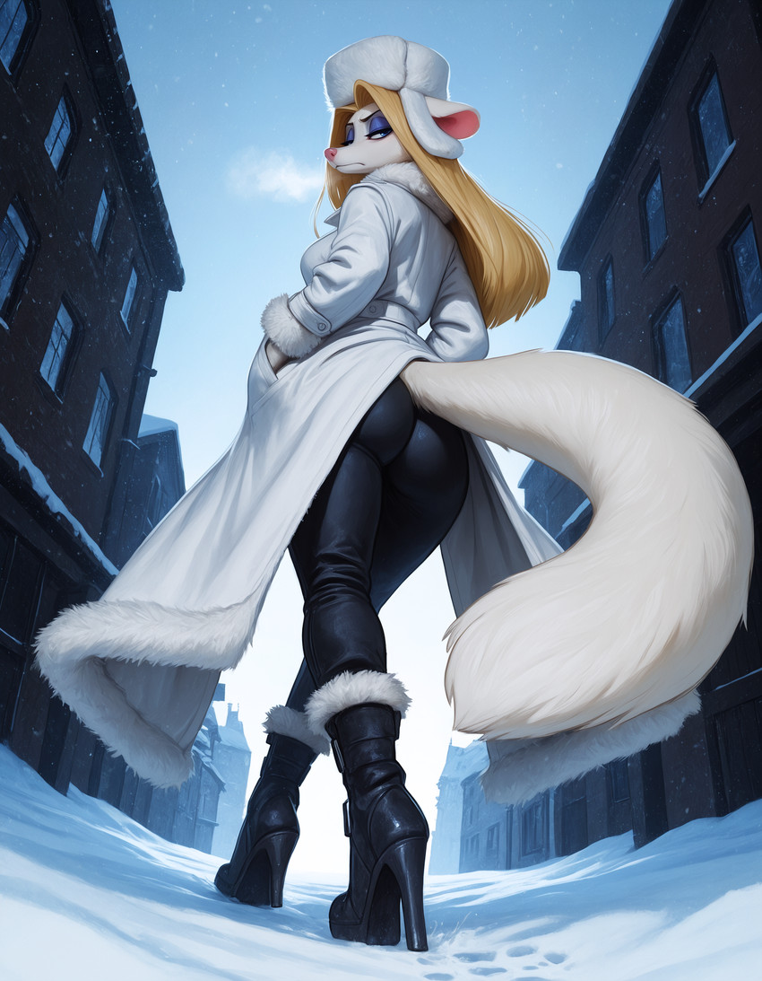 anthro belt biped blue_eyes boots breath building butt clothing eyeshadow female footwear hair hand_in_pocket hat headgear headwear high_heels long_hair looking_back makeup pink_nose pockets snow solo winter winter_background winter_coat anonymous_director invoke_high canid canine mammal hi_res