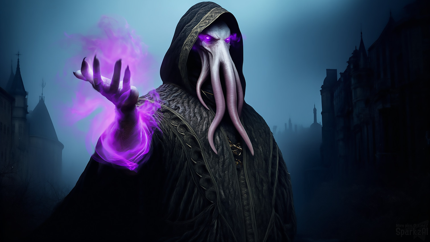clothed clothing face_tentacles glowing glowing_eyes hood_up hooded_cloak magic magic_user male male_humanoid outside purple_eyes robe solo telegram telegram_logo tentacles text sergalbutt dungeons_and_dragons humanoid mind_flayer monster 16:9 dark_theme detailed director_name hi_res signature url widescreen