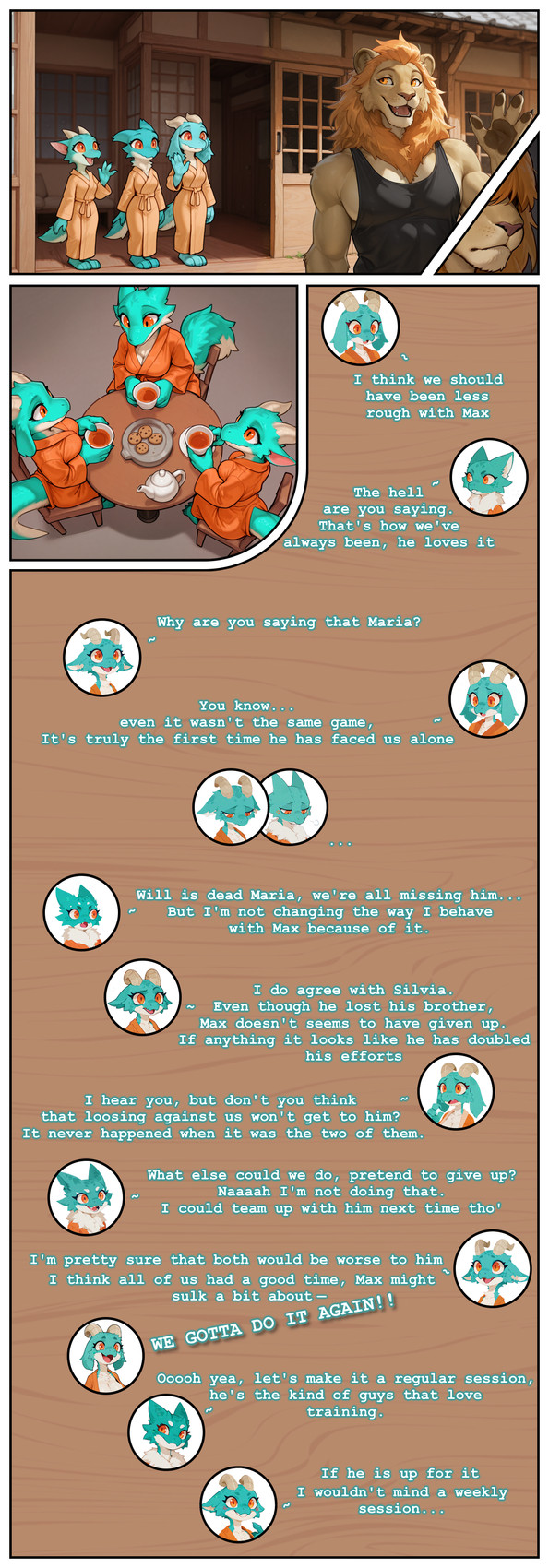 4_fingers anthro bathrobe chair clothed clothing container cookie cup dialogue female fingers food front_view fur furniture gesture group high-angle_view horn male multicolored_body multicolored_fur neck_tuft on_chair orange_eyes robe sitting tail tea_cup text tuft two_tone_body two_tone_fur waving nonimousmate julia_(nonimousmate) maria_(nonimousmate) max_(nonimousmate) silvia_(nonimousmate) felid furred_kobold kobold lion mammal pantherine absurd_res comic english_text hi_res