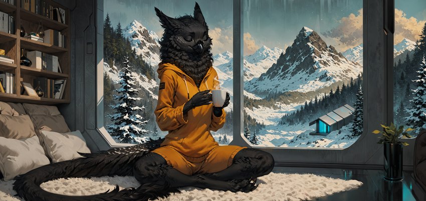 5_fingers amazing_background anthro beak black_body black_fur bookshelf bottomwear breasts claws clothing container cup detailed_background eyes_closed feet female fingers fluffy fur furniture holding_cup holding_object hoodie inside landscape long_tail mountains neck_tuft orange_clothing plant shorts sitting sitting_on_ground slim small_breasts snow solo spots spotted_body spotted_fur topwear tree tuft window winter oldhroft shadow_(oldhroft) avian velari absurd_res hi_res wallpaper