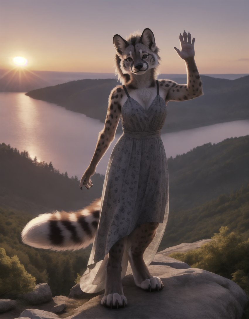 5_fingers anthro clothed clothing creek detailed_background digitigrade dress female fingers fluffy fluffy_tail forest fur gesture grey_clothing head_tilt looking_at_viewer markings multicolored_body multicolored_fur outside paws plant rock smile smiling_at_viewer solo spots stable_diffusion striped_markings striped_tail stripes sunset tail_markings tree water waving gopossum felid mammal absurd_res detailed hi_res