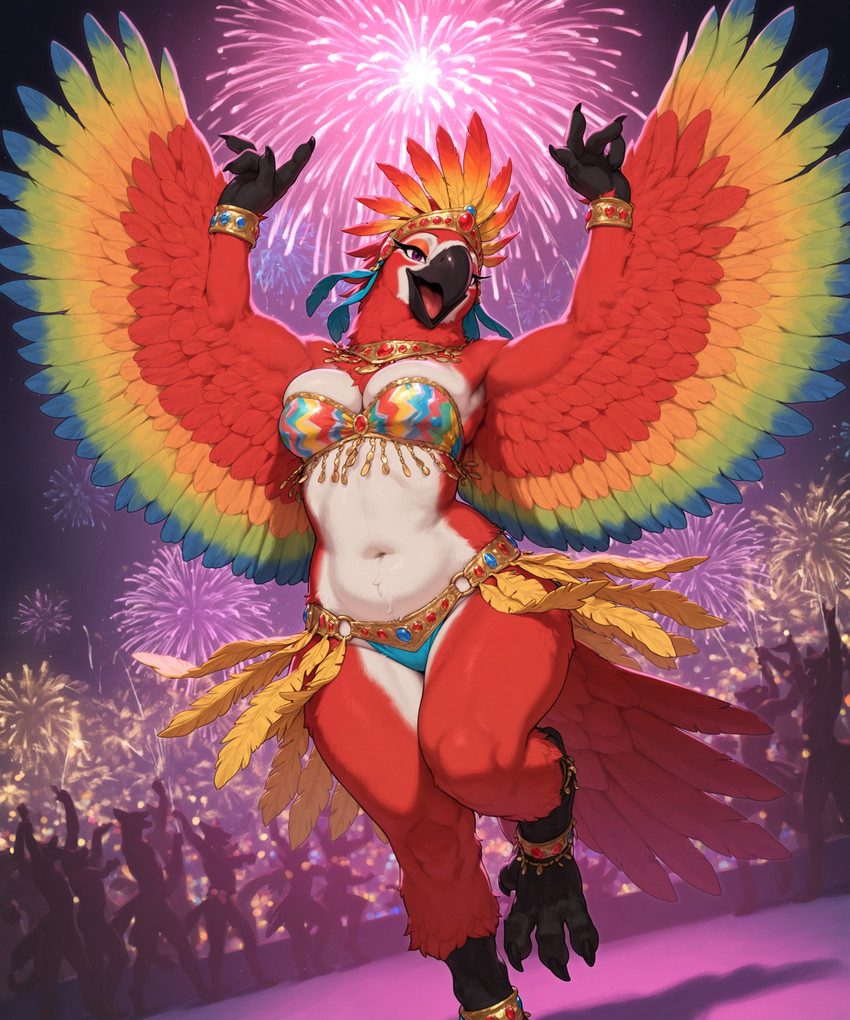4_fingers 4_toes anklet anthro beak bikini bikini_bottom bikini_top bra bracelet breasts claws clothed clothing dancing feathered_wings feathers feet female fingers fireworks group jewelry looking_at_viewer mostly_nude necklace night nipples non-mammal_breasts non-mammal_nipples open_mouth panties purple_eyes red_body red_feathers skimpy swimwear tail_feathers toes underwear white_body white_feathers wings burioth background_character ara_(genus) avian bird macaw neotropical_parrot parrot scarlet_macaw true_parrot absurd_res hi_res
