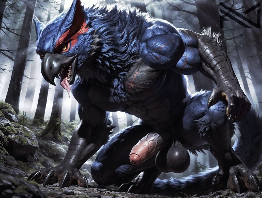 anthro balls beak big_balls big_penis bodily_fluids claws crouching erection foreskin forest forest_background fur genitals hand_on_ground hand_on_knee hand_on_leg humanoid_genitalia humanoid_penis leaning leaning_forward light looking_at_viewer male monster_hunter muscular muscular_male nature nature_background open_mouth penis plant presenting saliva sharp_teeth solo spread_legs spreading teeth tongue tongue_out tree vein veiny_penis notte flying_wyvern nargacuga colored colorful detailed hi_res lighting shaded soft_shading