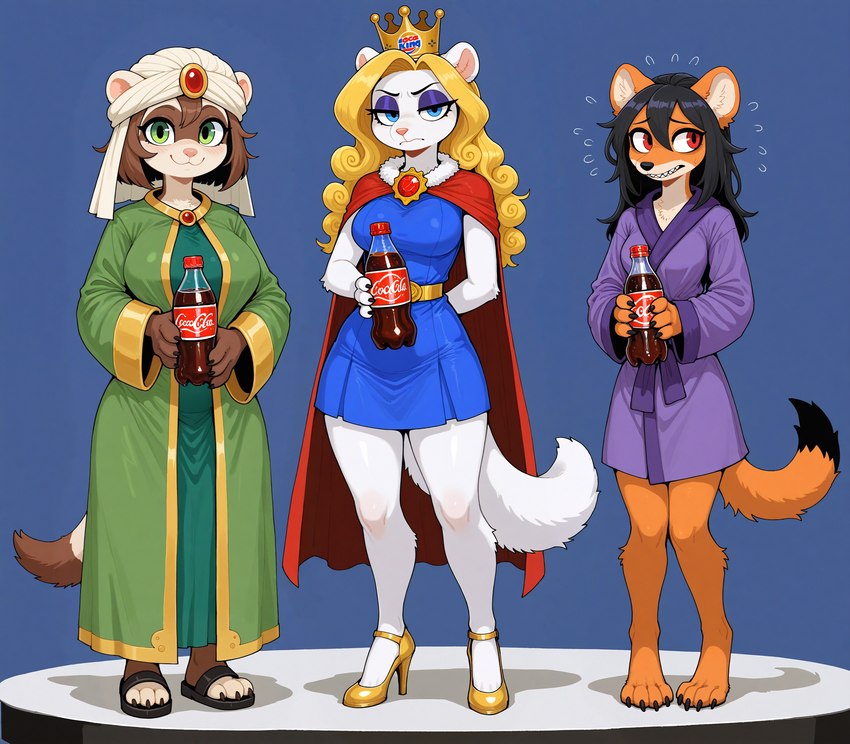 anthro barefoot clothing coca-cola costume crown feet female footwear group headgear headwear robe simple_background soda_bottle anonymous_director felid lion mammal mink mustelid musteline pantherine procyonid raccoon true_musteline hi_res