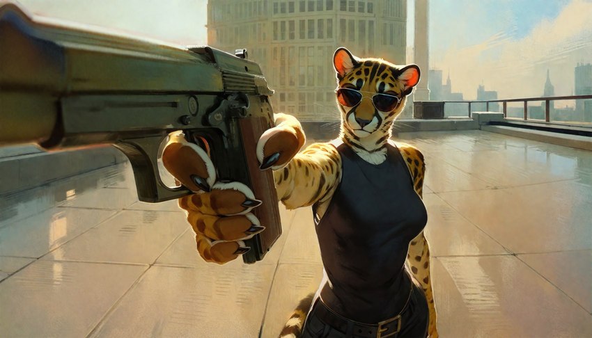 anthro belt city city_background eyewear female floor gesture gun holding_object holding_weapon looking_at_viewer matrix outdoors pointing pointing_at_viewer ranged_weapon rooftop solo spots standing sunglasses tanktop tile tile_floor unimpressed weapon whiskers anonymous_director cheetah felid feline mammal hi_res