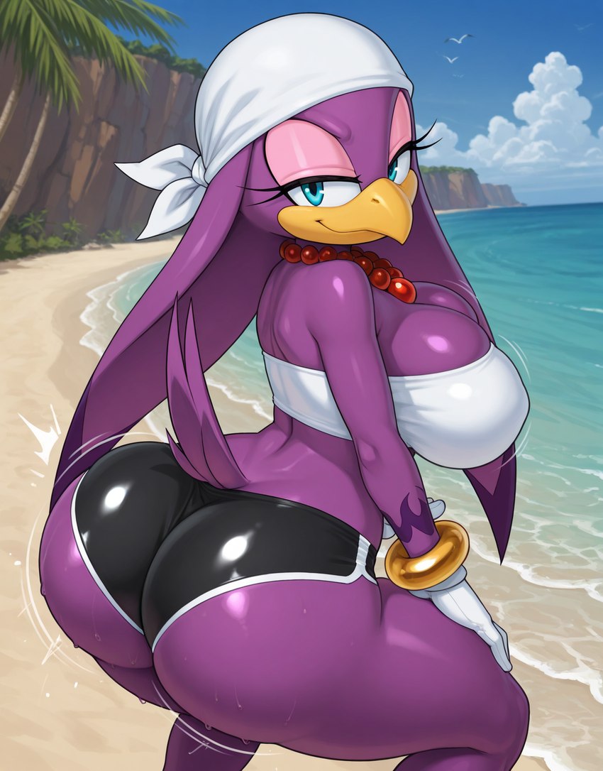 anthro beach bead_necklace beak big_butt blue_eyes bottomwear bracelet breasts butt cleavage cleavage_overflow clothed clothing crouching feathers female hand_on_leg hand_on_thigh hotpants jewelry looking_at_viewer motion_lines outside purple_body seaside shaking_butt shorts skimpy solo tail_feathers tattoo tight_clothing topwear tube_top twerking tinman777 sonic_the_hedgehog_(series) wave_the_swallow avian bird hirundinid oscine passerine swallow_(bird) hi_res